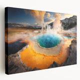 Stretched canvas wall art featuring a vibrant geyser landscape design in bold colors, showcasing intricate textures and details, ideal for enhancing modern home decor.