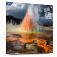 Acrylic glass wall art featuring a vibrant geyser landscape design, showcasing vivid colors and intricate details, mounted with decorative pins for a modern touch. Ideal for enhancing contemporary home decor.