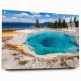 Acrylic glass wall art showcasing a vibrant geyser landscape design, featuring a side view with decorative pins for easy hanging. Ideal for modern home decor.