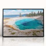 Framed acrylic wall art showcasing a stunning geyser landscape design, featuring vibrant colors and a sleek black frame, perfect for modern home decor.