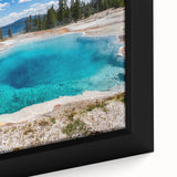 Framed canvas wall art featuring a close-up design of a vibrant geyser landscape, showcasing intricate details and rich colors, perfect for home decor enhancement.