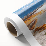 Vibrant rolled canvas wall art showcasing a stunning geyser landscape design, featuring rich colors and intricate details, perfect for home decor.