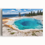Stretched canvas wall art featuring a vibrant geyser landscape design, showcasing rich colors and intricate details, perfect for enhancing modern home decor.