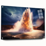 Side view of a modern acrylic glass wall art piece showcasing a vibrant geyser landscape design, featuring colorful hues and sleek pins for mounting, perfect for contemporary home decor.