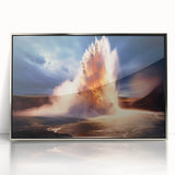 Framed acrylic wall art featuring a striking geyser landscape design in vibrant colors, showcased in a sleek silver frame, perfect for modern decor.