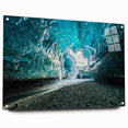 Acrylic glass wall art showcasing a stunning glacier landscape design, side view with pins visible, perfect for contemporary home decor, emphasizing cool blue tones and crisp, detailed imagery.