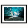 Framed wall art featuring a stunning glacier landscape design with a matte black frame, showcasing icy blue tones and intricate details, perfect for home decor.