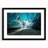 Framed wall art featuring a stunning glacier landscape design with a matte black frame, showcasing icy blue tones and intricate details, perfect for home decor.