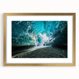 Framed wall art featuring a stunning glacier landscape design with a gold mat, perfect for enhancing home decor. The artwork showcases vibrant blues and whites, evoking a serene, icy ambiance, ideal for nature lovers seeking a stylish focal point.