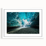 Framed landscape wall art featuring a stunning glacier design, set against a white mat, showcasing vibrant blues and whites for a modern aesthetic.