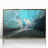 Framed acrylic wall art featuring a stunning glacier landscape design, highlighted with gold accents. The artwork showcases vibrant blues and whites, perfect for enhancing modern home decor.