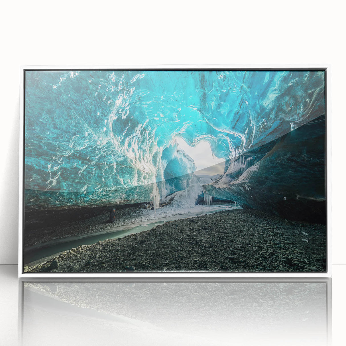 Framed acrylic wall art featuring a stunning glacier landscape design, showcasing cool blue tones and intricate details, perfect for modern home decor.