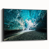 Framed canvas wall art showcasing a stunning glacier landscape design with vibrant blues and whites, viewed from the side against a clean background.
