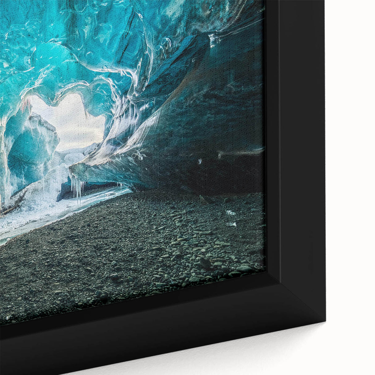 Close-up of a framed canvas wall art piece showcasing a stunning glacier landscape design, featuring vibrant colors and intricate details to enhance any decor.