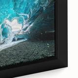 Close-up of a framed canvas wall art piece showcasing a stunning glacier landscape design, featuring vibrant colors and intricate details to enhance any decor.