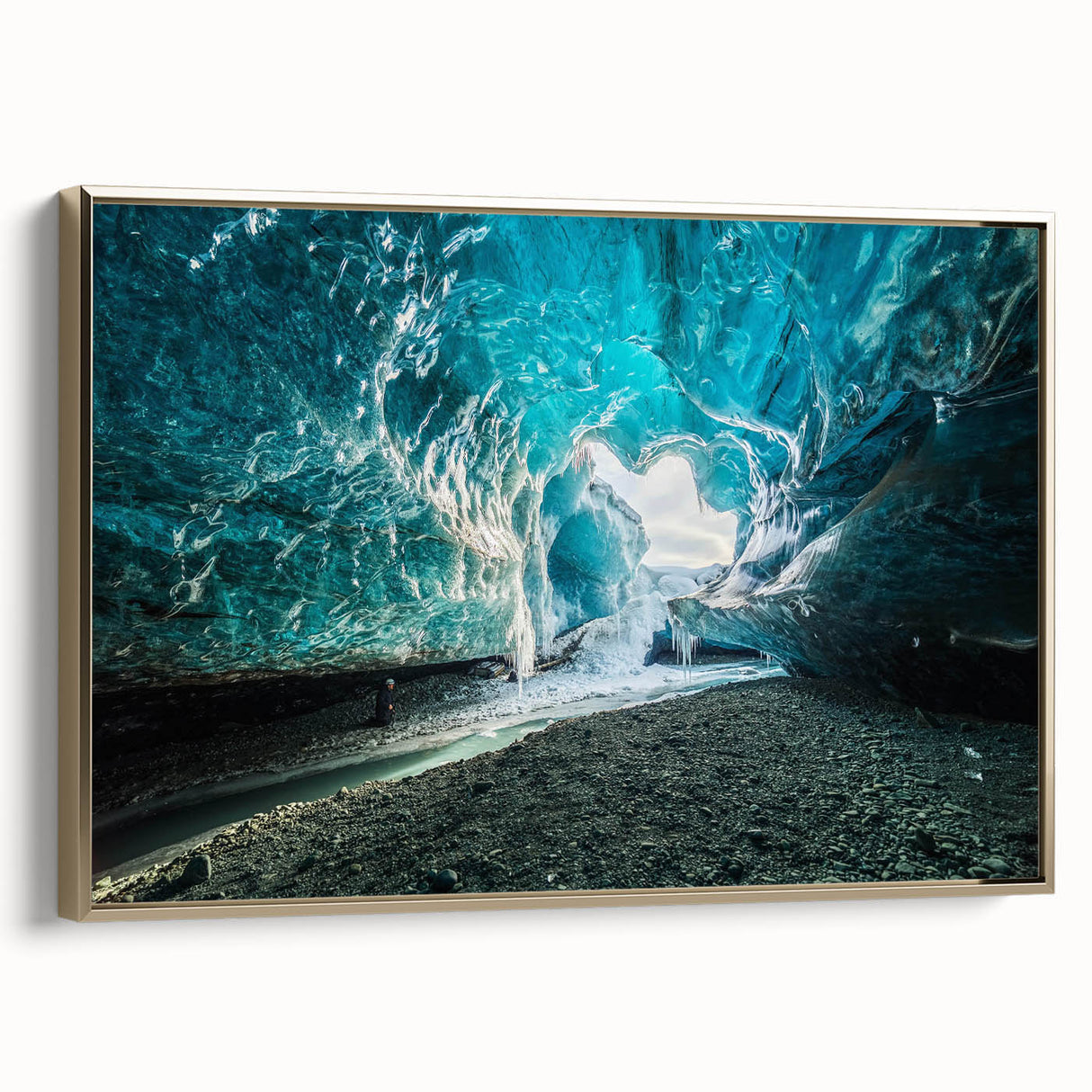 Framed canvas wall art showcasing a stunning glacier landscape design with elegant gold accents and a side view perspective, perfect for modern home decor.