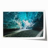 Glacier landscape wall art design in soft blues and whites, beautifully rolled for easy display, showcasing majestic ice formations and serene natural beauty.