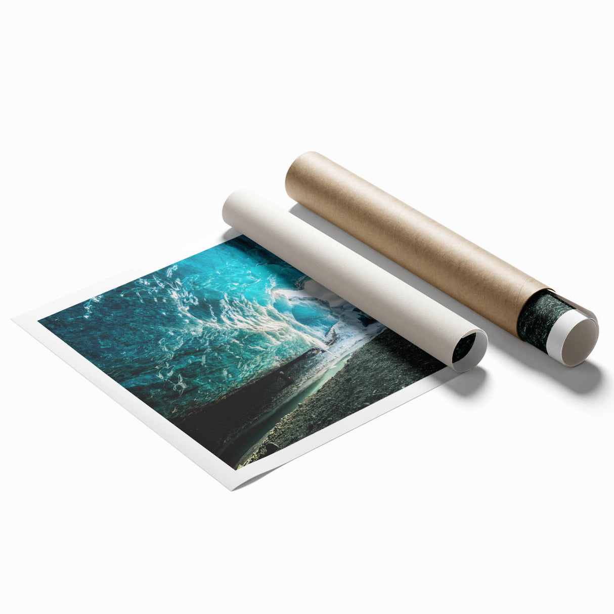 Rolled wall art print featuring a stunning glacier landscape design in cool blue and white tones, showcasing ice formations and mountain scenery, ideal for nature lovers.