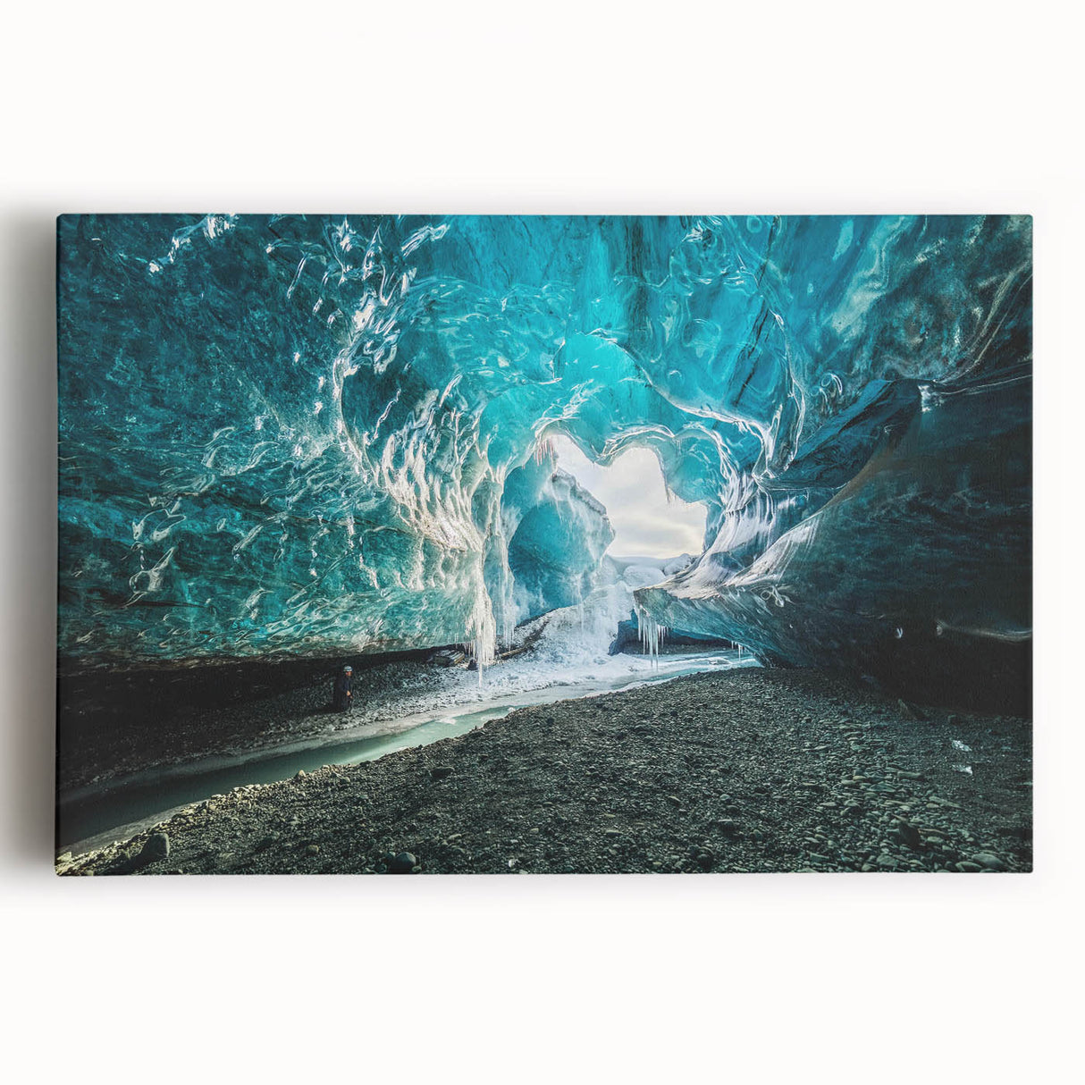 Stretched canvas wall art featuring a stunning glacier landscape design, showcasing vibrant blues and whites, perfect for enhancing modern home decor.