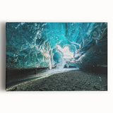 Stretched canvas wall art featuring a stunning glacier landscape design, showcasing vibrant blues and whites, perfect for enhancing modern home decor.