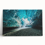 Stretched canvas wall art featuring a breathtaking glacier landscape design with vibrant blue and white hues, elegantly leaning against a light-colored wall, perfect for nature-themed decor.