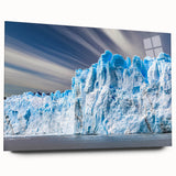 Acrylic glass wall art showcasing a stunning glacier landscape design, featuring vibrant blues and whites, displayed in a modern side view without pins, ideal for contemporary decor.