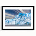 Black-framed wall art featuring a stunning glacier landscape design, showcasing vibrant blue and white hues, ideal for enhancing modern home decor.