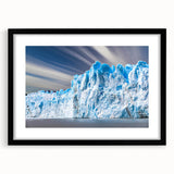 Black-framed wall art featuring a stunning glacier landscape design, showcasing vibrant blue and white hues, ideal for enhancing modern home decor.