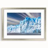 Framed wall art featuring a stunning glacier landscape design in silver, complete with a matte finish. Ideal for modern home decor and nature enthusiasts.