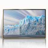 Framed wall art featuring a stunning glacier landscape design with a gold-accented frame, showcasing serene icy blues and whites ideal for modern decor.