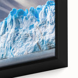 Close-up of a framed canvas wall art piece depicting a stunning glacier landscape design, showcasing intricate details and vibrant colors, perfect for home decor.