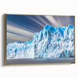 Framed canvas wall art featuring a stunning glacier landscape design with vibrant blue and white colors, elegantly displayed with a gold frame, perfect for home decor.