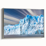 Framed canvas wall art showcasing a stunning glacier landscape design with a silver frame, perfect for enhancing modern home decor. The artwork captures the serene beauty of icy blue tones and intricate details, ideal for nature enthusiasts.