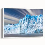 Framed canvas wall art featuring a stunning glacier landscape design, showcasing icy blues and whites, ideal for modern home decor. The piece is elegantly displayed from a side view, highlighting its sleek profile and quality craftsmanship.