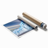 Glacier landscape wall art print showcasing vibrant blue and white hues, depicting icy formations, ideal for modern home decor. Rolled and ready for framing.