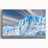 Vibrant stretched canvas wall art depicting a stunning glacier landscape with rich blues and whites, ideal for home decor or office spaces. Perfect for nature lovers seeking serene, inspiring decor.