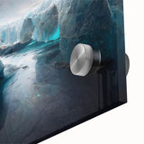 Close-up of a vibrant acrylic glass wall art piece showcasing a stunning glacier landscape, highlighting icy blues and whites, perfect for modern home decor.