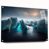 Acrylic glass wall art featuring a stunning glacier landscape design, showcasing vibrant blue and white hues. The artwork is mounted with pins, highlighting its modern aesthetic and depth, perfect for contemporary home decor.