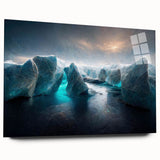 Acrylic glass wall art showcasing a stunning glacier landscape design, viewed from the side, highlighting its sleek finish and vibrant colors, ideal for modern home decor.