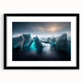 Black-framed wall art featuring a stunning glacier landscape design, highlighting icy blue tones and intricate details, perfect for modern home decor.