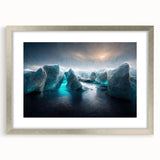 Framed wall art featuring a stunning glacier landscape design in silver frame with matting, ideal for home or office decor, showcasing icy blues and whites.