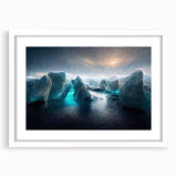 Framed wall art depicting a stunning glacier landscape, featuring a white mat and sleek frame, ideal for enhancing modern home decor with nature-inspired aesthetics.