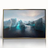 Framed wall art featuring a stunning glacier landscape design with a gold-acrylic finish, perfect for modern home decor. The piece showcases vibrant icy blues and whites, enhancing any living space.