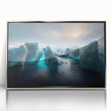 Framed acrylic wall art featuring a stunning glacier landscape design in silver tones, showcasing natural beauty and modern decor aesthetics for home or office spaces.