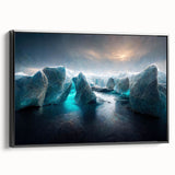 Framed canvas wall art showcasing a stunning glacier landscape design with a black frame, viewed from the side, perfect for modern home decor. Ideal for nature enthusiasts seeking to elevate their interior spaces with serene mountain visuals.