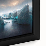 Close-up of a framed canvas wall art piece depicting a stunning glacier landscape with vibrant blues and whites, showcasing intricate details of ice formations and textures. Ideal for modern home decor, this artwork adds a serene, nature-inspired touch to any space.