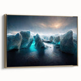 Framed canvas wall art showcasing a stunning glacier landscape design with vibrant blue tones and gold accents, perfect for modern home decor or office aesthetics.