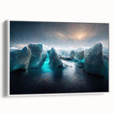 Framed wall art showcasing a stunning glacier landscape design, featuring vibrant blues and whites, set against a sleek white frame. Perfect for modern home decor.