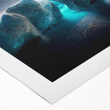 Stunning rolled canvas artwork depicting a serene glacier landscape, showcasing vibrant blues and whites, perfect for enhancing modern home decor.