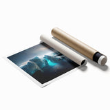 Abstract landscape art print showcasing a stunning glacier design with vibrant blues and whites, rolled and ready for display in a protective tube. Perfect for modern home decor.